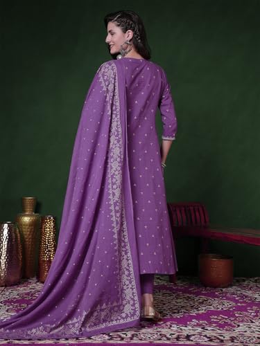 Image of PARTHVI Women's 100% Pure Cotton Anarkali Kurta Set with Pant & Dupatta | Embroidered Flared Kurta | Elegant Ethnic Suit