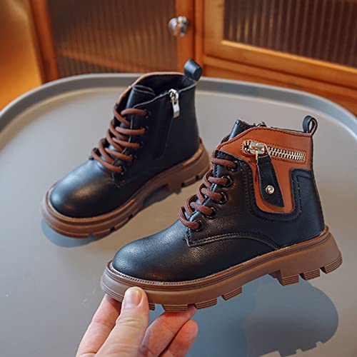 Girls Lace Up Ankle Boots, Girls Leather Shoes Waterproof Leather Short Boots Non Slip Breathable Nude Snow Boots (Black, 11-11.5 Years Big Kids)2