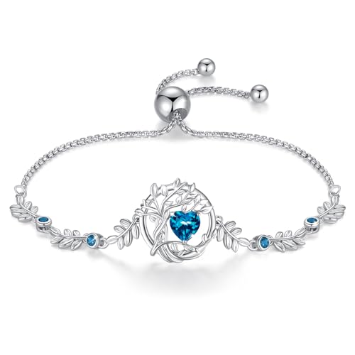 FANCIME Bracelet Arbre de Vie Femme, Argent Sterling 925 Plaqué Or Blanc 14K avec Pierres de Topaze, Bijou Cadeau Anniversaire, Longueur Réglable
