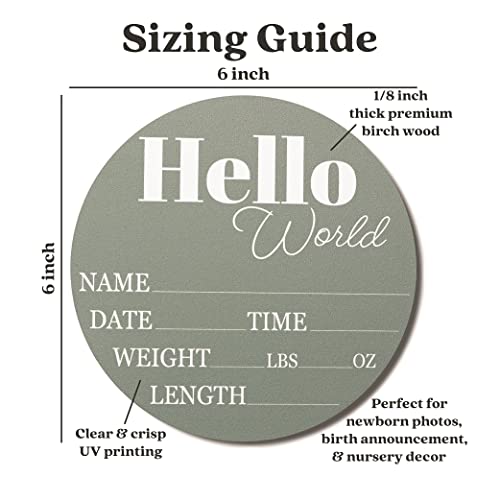 Hickory Hollow Designs - Baby Announcement Sign For Newborn Boys And Girls (Color Bases) - Hello World Nursery Decor Sign & Photo Prop For Babies Made Of Birch Wood - 6" Circle Board (Sage) #TOP1