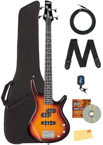 Ibanez GSRM20 SR Gio miKro Short-Scale Bass Guitar - Brown Sunburst Bundle with Gig Bag, Tuner, Strap, Instrument Cable, Austin Bazaar Instructional DVD, and Polishing Cloth
