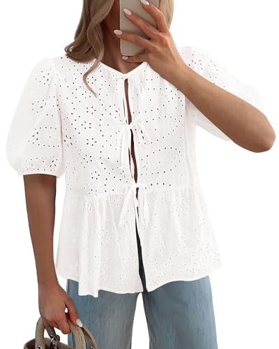KIRUNDO Womens Tops Dressy Casual Tie Front Shirts Short Lantern Sleeve Hollow Out Lace Embroidered Babydoll Blouses