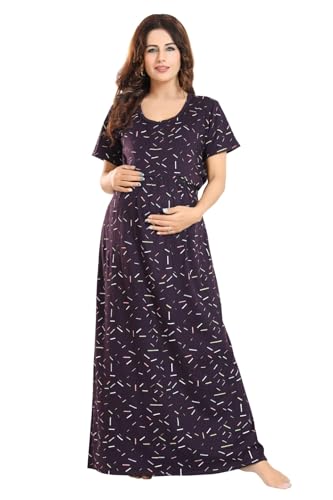 Image of Fabme Women's Full Length Printed Pre and Post Pregnancy Pure Cotton Nursing Nightdress Nighty