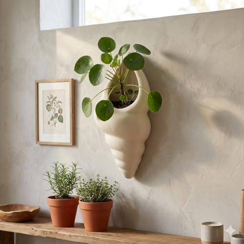 Image of Ceramic Wall Planter - Modern Scalloped Hanging Flower Pot for Indoor Plants - Minimalist Half-Moon Wall Vase for Succulents, Pilea, & Air Plants - Elegant White Floating Planter for Decor