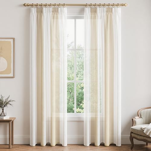 MRTREES Rideaux a Crochet, Rideau à Rayures Semi-Transparent,Lot de 2, Rideau Voilage Beige 140X225cm Rideaux et Draperies intérieurs