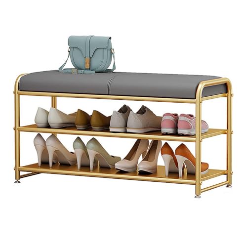 Banc à chaussures avec coussin moelleux et double étagère de rangement compacte