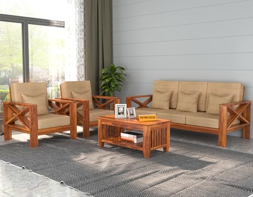 Image of Sheesham Wooden 5 Seater Sofa for Living Room | Rosewood 5 Seater Cushion Sofa X-Legs | Solid Wood Sofa Set for Lounge (3+1+1,Honey)