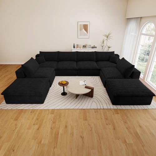 Image of 136 inch Cloud Couch Modular Sectional Sofa for Living Room, U-Shape Boneless Couch with Deep Seat, Modern Corduroy 6-Seater with Ottomans, No Assembly Required, Black