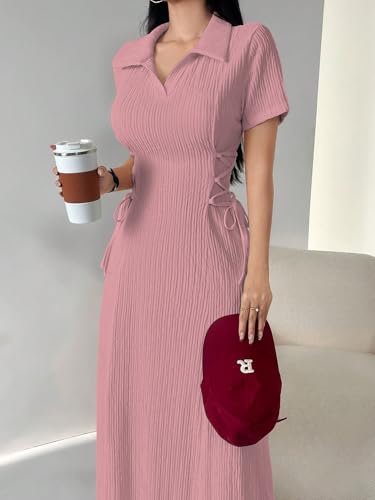 Image of Shasmi Women's Solid Color Applique Lace-Up Collared Short Sleeve, Side-Tie Waist Long Casual Maxi Women Dress Outfit Long Evening Midi Western Party Dress for Women (Dress 211)