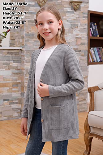 Gorlya Girls School Uniform V-Neck Button Down Soft Knit Thin Sweater Cardigan Tops With Pocket For 4-14T(Gor1135,14Y,Gray) #TOP3
