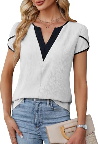 LEKOPUR Bluse Weiß Damen Kurzarm Shirt Blusen Elegant Farbblock V-Ausschnitt Sommer Oberteil für Party Outfit Tunika Damenblusen