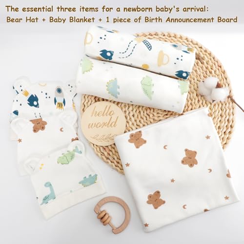 Image of DRESHOW BQUBO Cotton Baby Swaddle Hat Set Newborn Infant Receiving Blankets with Bear Ears Hat Wooden Birth Announcement Card Newborn Unisex Swaddle Wrap Sets Warm Shower Gift