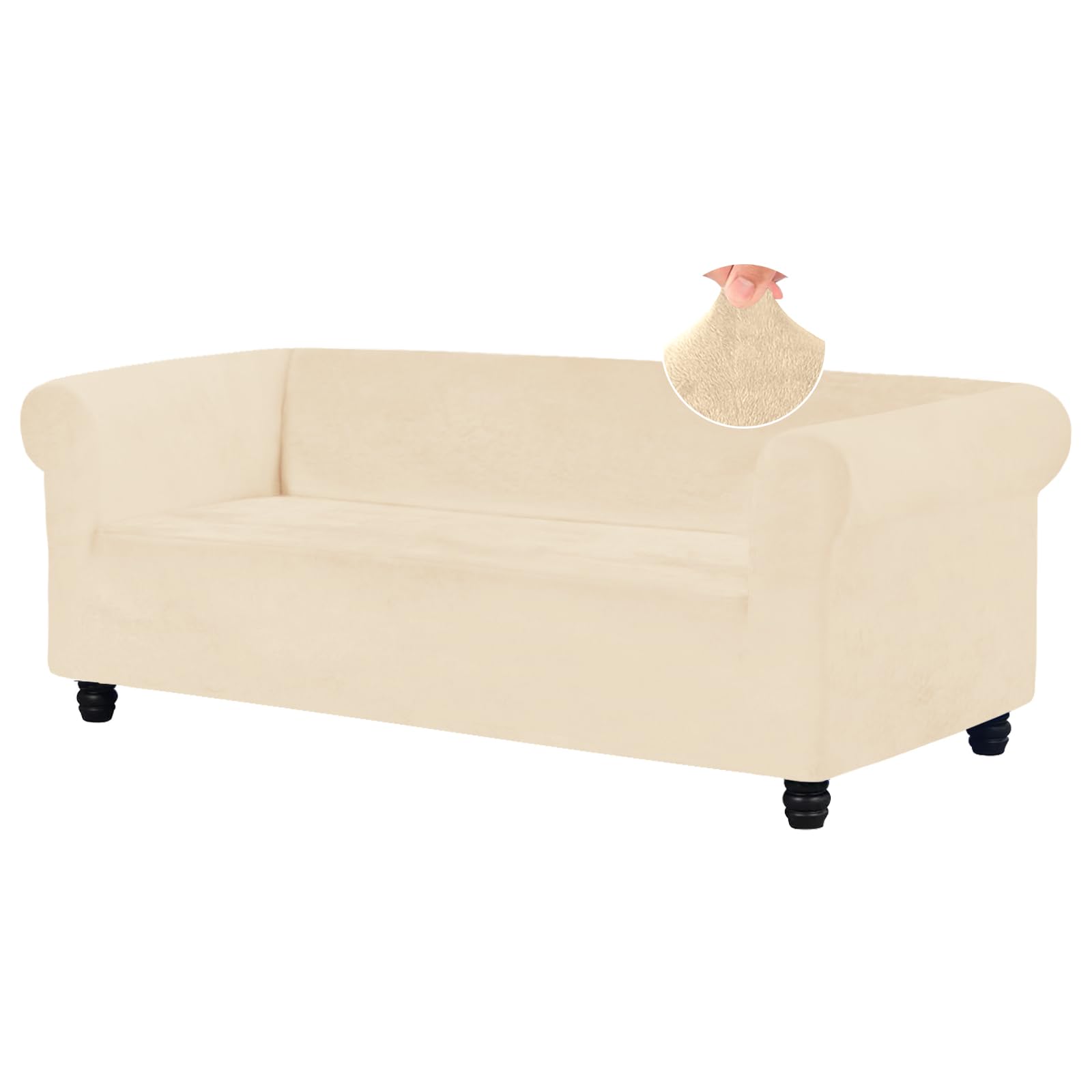 HDCAXKJ Velvet Sofa Covers for Chesterfield Sofa Super Soft Stretch Couch Cover for Dogs Anti Slip Fitted Magic Sofa Slipcovers Living Room Stretchy Pet Furniture Protector (Beige, Large)