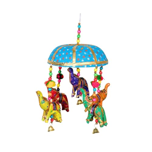 Image of Rajasthani Multicolor Elephants Jhoomer with Bell - Decorative Wind Chimes for Door & Wall Hanging, Ideal Home Decor & Gift Showpiece (Sky Blue)