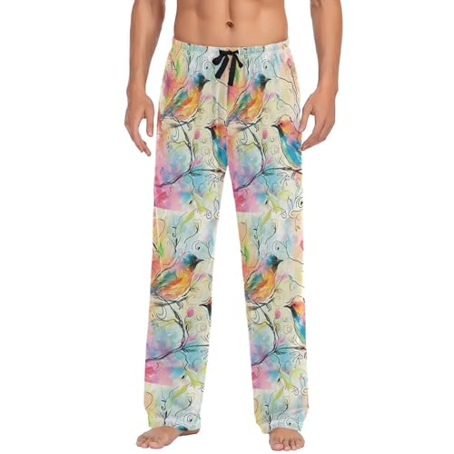 Men’s Watercolor Flower Pattern Pajama Pants with Pockets, Comfortable Lounge Sleep Bottoms#85