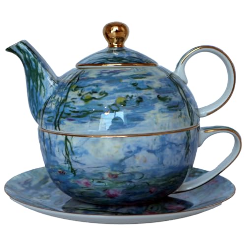 Porzellan-Teeservice für eine Person, Teekanne und Tasse, 370 ml, Vintage-Stil, florales Keramik-Teeservice im europäischen Stil, Teekanne und Untertasse (Seerose)