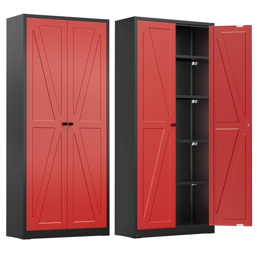Image of INTERGREAT Metal Storage Cabinet with Magnetic Doors, 63 inch H Modern Classic Style Metal Cabinets with 2 Doors and 4 Adjustable Shelves for Home Office, Kitchen, Bathroom (Black Red)