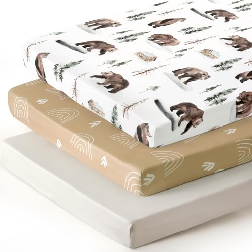 Image of Stretchy Ultra Soft Jersey Knit Pack and Play Sheets Set 3 Pack, Portable/Mini Crib Sheets Universal Fit for Pack N Plays Safe and Snug, Cute Jungle Bear/Rainbow for Baby