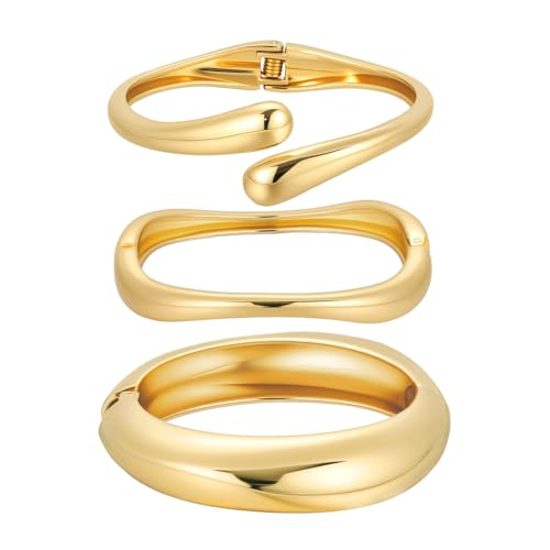 Emibele Gold Bangles for Women, 3PCS Irregular Chunky Gold Bracelet Hinged Open Bangle Bracelets for Women, Fashion Wide Arm Cuff Minimalist Chunky Jewelry Gifts for Valentine Christmas Birthday