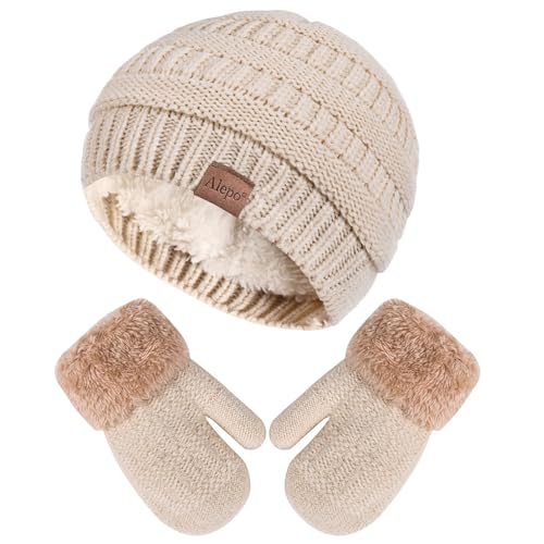 Image of Winter Mittens Gloves Beanie Hat Set for Kids Baby Toddler, Cute Thick Warm Knit Fleece Lined Thermal Set for Boys Girls