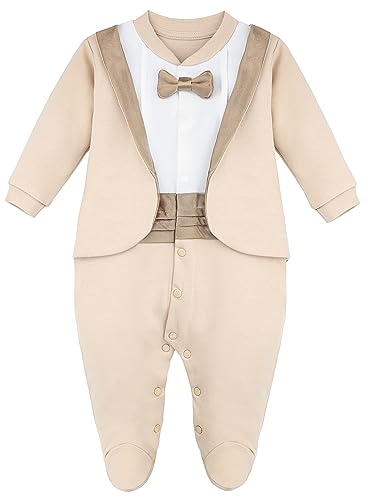 Lilax Baby Jungen Gentleman Smoking Footie Weihnachten Urlaub Outfit mit Fliege, Beige, 3 Monate