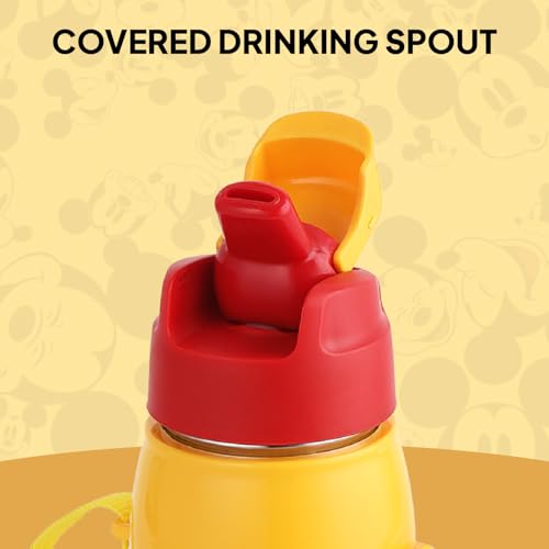 Image of CELLO Kidzbee Puro Steel-X Hydro Kid 600 Insulated Kids Sipper Water Bottle 520ml Yellow | Touch & Feel Mickey Design Easy to Carry with Loop Leakproof Flip Top Water Bottle For School Kids Boys Girls