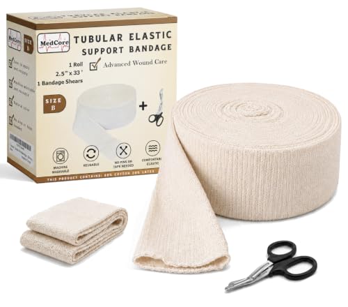 Tubular Compression Bandage Size B (2.5” x 33 ft) – Elastic Stockinette Support Sleeve for Small Knee, Elbow, Forearm, Calves, Full Arm – Cut-to-Fit, Washable Reusable, No Tape – Plus Medical Scissors