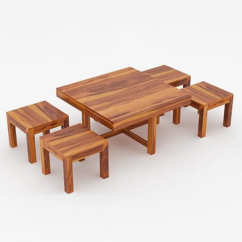 Image of Sheeshsam Wooden Coffee Table with 4 Stools for Living Room - Solid Wood Coffee Table with Seating Stools Tea Table Teapoy Center Piece for Home Sofa Center Table (Alving Honey)