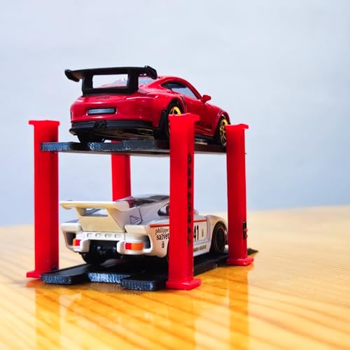 Image of 1 /64 Scale 2 Tier Car Lift Diecast Garage Diorama Accessory for Hot Wheels, Matchbox, Greenlight - Two-Tier Display Car Lift with Red Pillars & Black Base Set of 2 (RED-Black)