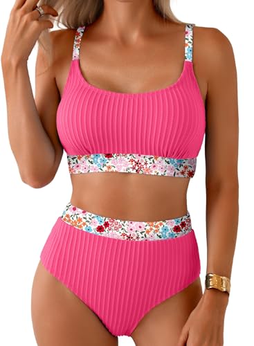 Image of Herseas Women's Textured Bikini Sets Floral Print Trim Scoop Neck Swimsuits High Waisted Bathing Suits