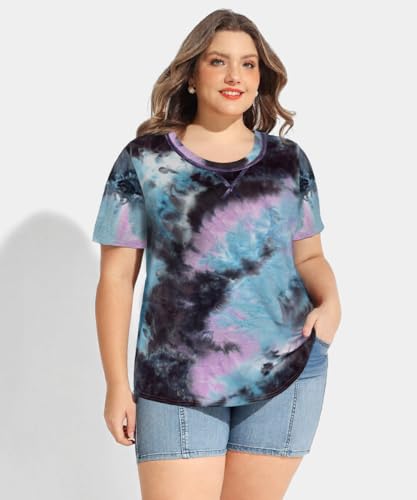 Image of CARCOS Plus Size Tops for Women Short Sleeve Shirt Summer Star /Leopard /Tie Dye /Flower Crewneck Pullover Tunic XL-5XL