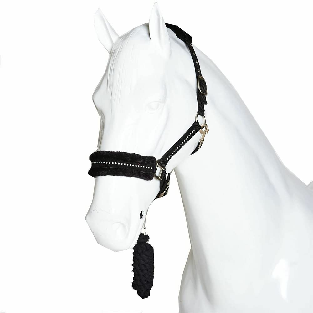 Fluffy Headcollar and Leadrope Set - Diamante Soft Fur Padded Halters for Horses - Super Flexible and Adjustable Pony Controller Equipment for Training and Outdoor Riding (Cob, Black)