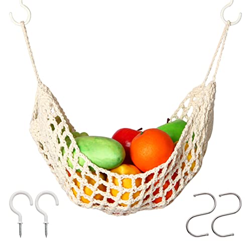 Hanging Fruit Hammock Under Cabinet with Hooks - Fruit and Veggie Basket - Produce Net Hammock - Storage That Saves Counter For More Counter Space at Home.