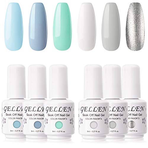 Gellen Gel Nail Polish Set, Mint Color Sky Series 6 Colors - Fresh Blue White Mint Silver Colors, Popular Nail Art Soak Off UV LED Gel Manicure Kit