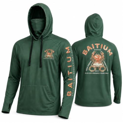Baitium Fishing Shirts for Men,UPF50 Hooded Long Sleeve with Gaiter, Sun Protection Dry Fit Apparel, Cooling Moisture Wicking with Face Mask, Fishing Clothes for Men