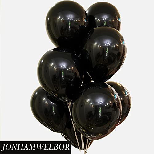Image of Jonhamwelbor Black Balloons 12 inch 100 Pack Black Latex Metallic Chrome Balloons for Birthday Halloween Graduation Baby Shower Party Decorations (with Ribbon)