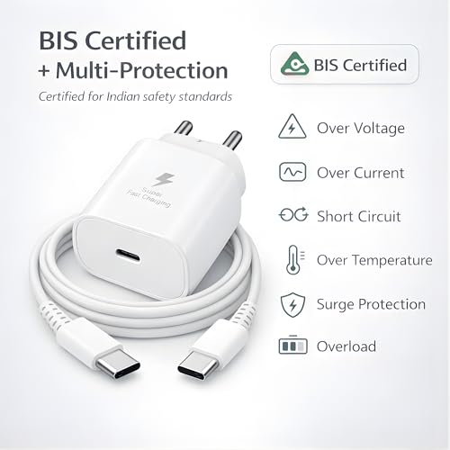 Image of 25W Charger for Samsung with C-to-C Cable | Super Fast Charging C-Type Adapter for Galaxy S26 /S25 Ultra, S24 FE, A56 /A36 /A16, M15 /M17 /M55 5G, F15 /F55 /Z Fold & S /A /M /F /Z Series Phones - BIS Certified