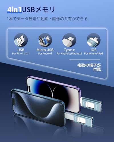 undefined 【専用アプリ不要 アルバム整理簡単】Phone用USBメモリ 4in1 USBメモリ128GB phone用外付けメモリ 高速USB3.0 タイプc usbメモリー IOS/Android/PC/Macに対応 phone兼用 バックアップ アプリ不要 スマホ usbメモリ phone 写真データ保存 スマホ容量不足解消 写真画像撮り放題(ライトブルー) の商品画像 4