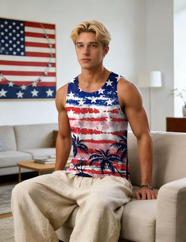 Image of Ithalt USA Tank Top Men 4th of July Patriotic Sleeveless American Flag Workout Shirt Summer Beach Independence Day