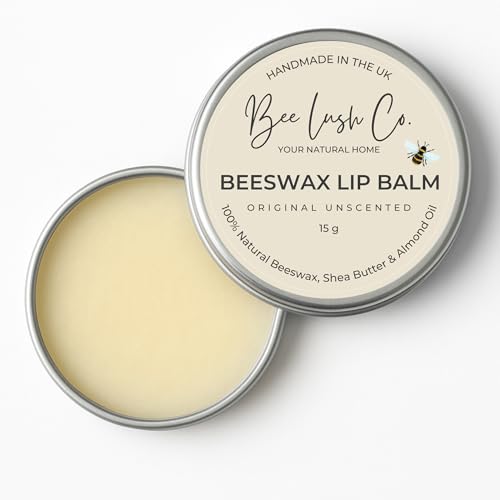 BeeLushCo Beeswax Lip Balm 100% Natural Bees Wax Shea Butter Almond Oil & Essential Oils Organic Plastic Free Moisturising & Reviving Cold Sore Prevention 15g Handmade in UK (15g Unscented)
