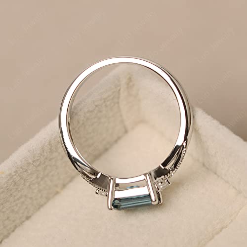 LUO 925 Sterling Silver 1.25 CT Emerald Cut London Blue Topaz Ring East West Delicate Promise Ring for Women US Size 7