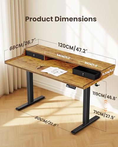 Image of ErGear Electric Standing Desk with Drawers, 48″ x 24″ Gaming Table Compatible Monitor Stand, Stand up Desks, Home Office Height-Adjustable Desk with Storage Shelf, 4 Preset Heights, Vintage Brown