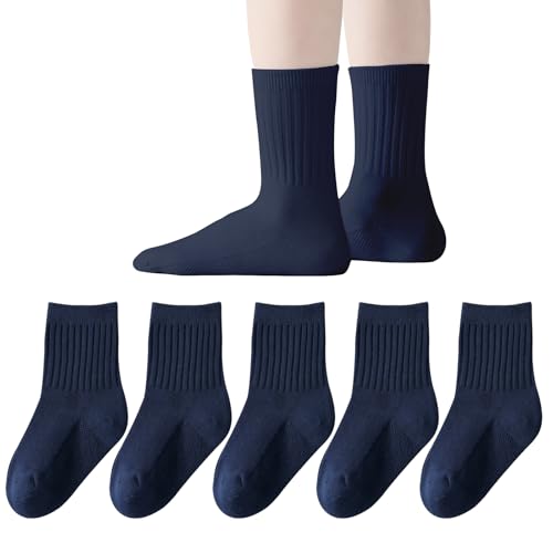 EPEIUS Unisex Kids Crew Socks Boys Dress Socks Soft Cotton Seamless School Uniform Socks for Girls White Navy 5 Pairs