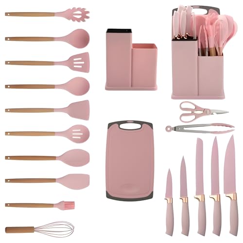 DANFFI 19-Piece Pink Kitchen Utensils Set - Silicone Cooking Utensils, Non-Toxic Spatula Set, Kitchen Tools, Cutting Board, Pink cooking utensils set