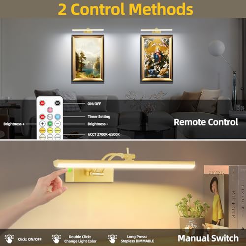 Image of 6 Colors Picture Lights Battery Operated with Remote, 16 inch Cordless Rechargeable Painting Lights with Timer for Wall, 6CCT Dimmable Display Lights for Artwork Gallery Dartboards, 4 Pack (Gold)