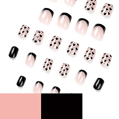 Heart Press On Nails Short Square Valentine's Day Nails Glue On Black Hearts False Nails With Designs Love French Tips Fake Nails Acrylic Full Cover Nail Tips Coffin Artificial Nails For Women #TOP4