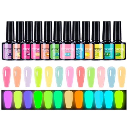 12 Piezas Esmalte de Uñas Holográfico - 7,3 ml Esmalte en Gel que ?rilla en la Oscuridad | Set de Esmaltes Fluorescentes, Suministros de Manicura Reactivos a UV, Portátil para Salón, Viajes, Escenario