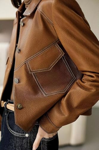 utcoco Women's Cropped Faux Leather Motorcycle Jacket 2025 Fall Fashion Button Up PU Coat Outerwear with Pockets2