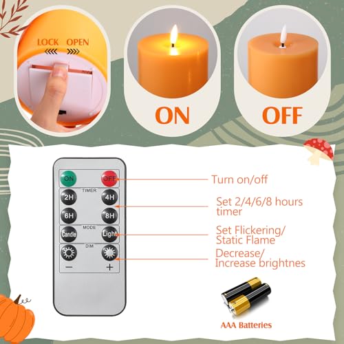 Image of Retisee 3 Pcs 6 /8 /12 Inches Orange Flameless LED Candles with Remote and 2 /4 /8h Timer Battery Operated Wax Flickering Candles for Fall Gatherings, Thanksgiving Harvest Pumpkin Seasonal Home Decor