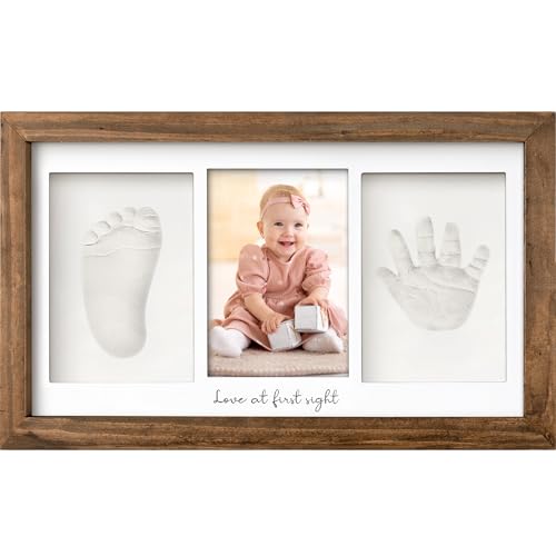 Image of Baby Hand and Footprint Kit - Clay Handprint Keepsake Frame, Newborn Nursery Picture Frame, Personalized New Mom Gifts for Baby First Christmas Shower (Medium Oak)